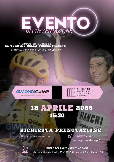 Almenno San Bartolomeo (Bergamo) – Ciclismo Giovanile : Domenica 12 aprile presentazione del Gimondi Camp presso il Museo del Falegname Tino Sana