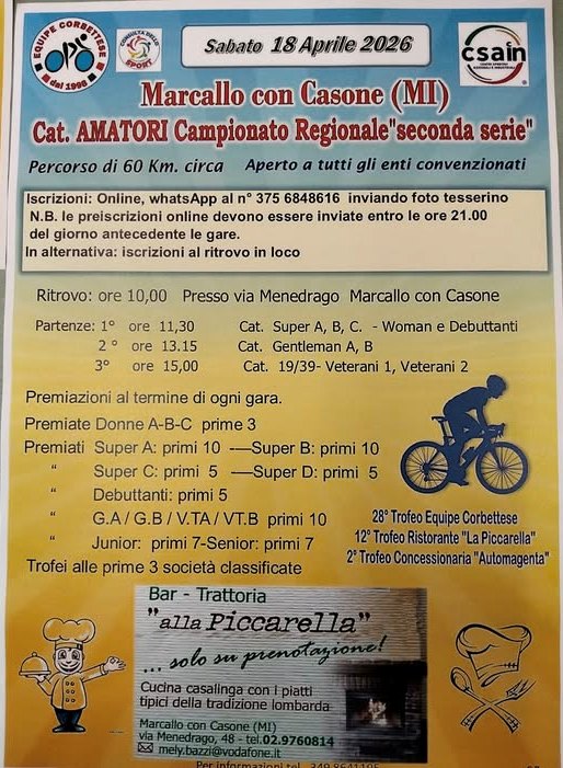 Marcallo con Casone (Milano) – Sabato 18 Aprile “Campionato Regionale 2° serie CSAIN – Organizzazione Equipe Corbettese